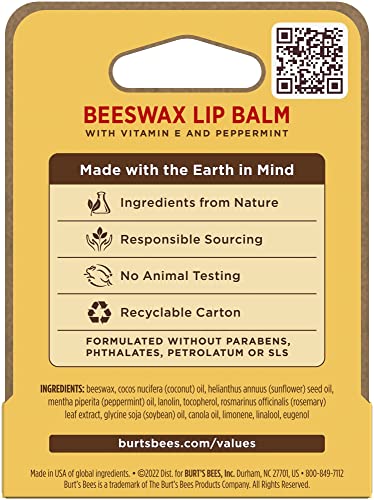 Burt's Bees 100% Natural Origin Moisturizing Lip Balm, Original Beeswax with Vitamin E & Peppermint Oil 0.15 Ounce Tube