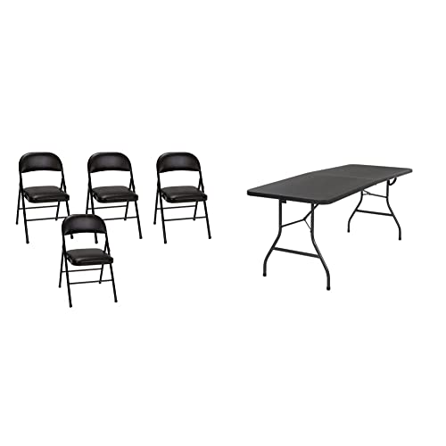 Cosco Vinyl 4-Pack Folding Chair, Black & Cosco Deluxe 6 foot x 30 inch Fold-in-Half Blow Molded Folding Table, Black