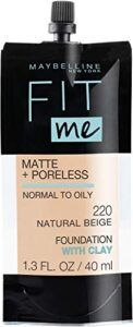 maybelline new york fit me matte + poreless liquid foundation, pouch format, 220 natural beige, 1.3 ounce