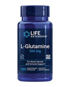 life extension l-glutamine 500mg – for muscle, energy, gut & immune health support – amino acid supplement – gluten-free, vegetarian, non-gmo – 100 capsules