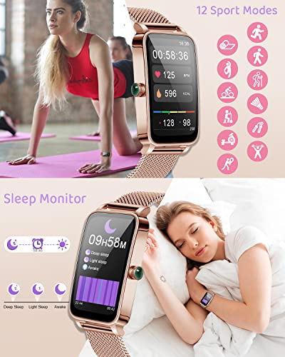 BOCLOUD Smart Watch, Smart Watches for Women Men, iPhone Android Smart Watch with Blood Oxygen/Heart Rate/Sleep Monitor, IP68 Waterproof Fitness Tracker with 12 Sport Modes(Gold)