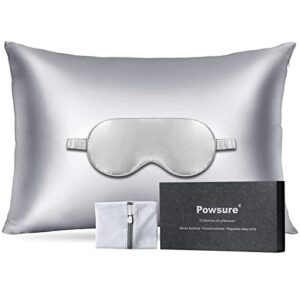 Powsure 100% Mulberry Silk Pillowcase for Hair and Skin - Standard 20"x26" - Silver Grey Zippered 22 Momme Pure Silk Pillow Cases Soft Pillow Covers (Pack of Pillowcase - Eye Mask)