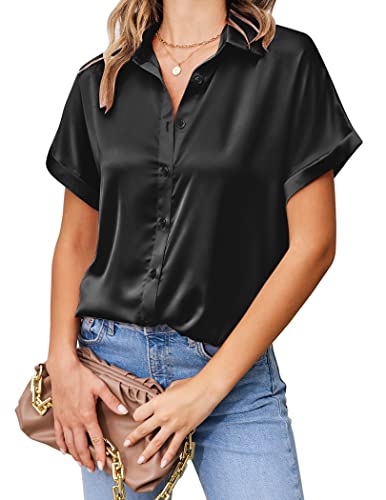 Chigant Silk Blouse Short Sleeve Button Down Shirts Satin V-Neck Tunic Top Black