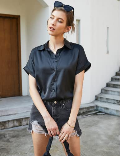 Chigant Silk Blouse Short Sleeve Button Down Shirts Satin V-Neck Tunic Top Black