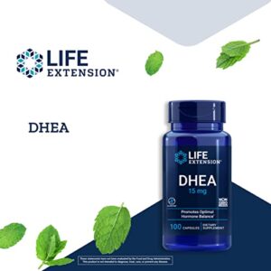 Life Extension DHEA 15mg - For Hormone Balance, Immune Support, Lean Muscle Mass, Anti-Aging, Bone and Sexual Health - Supports Memory & Mood - Gluten-Free, Non-GMO - 100 Capsules