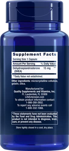 Life Extension DHEA 15mg - For Hormone Balance, Immune Support, Lean Muscle Mass, Anti-Aging, Bone and Sexual Health - Supports Memory & Mood - Gluten-Free, Non-GMO - 100 Capsules