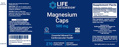 Life Extension Magnesium Caps 500mg, 270 Veg Capsules - Broad Spectrum - 3 Mags in 1 Supplement: Oxide, Citrate, Succinate - Vegetarian