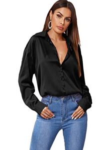 soly hux women’s satin silk long sleeve button down shirt office work blouse top black s