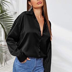 SOLY HUX Women's Satin Silk Long Sleeve Button Down Shirt Office Work Blouse Top Black S