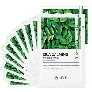 mediheal cica calming ampoule mask 10pack – soothing facial mask sheet with centella asiatica extract, soothe irritated skin and smoothen texture, ultra adhesion tencel sheet