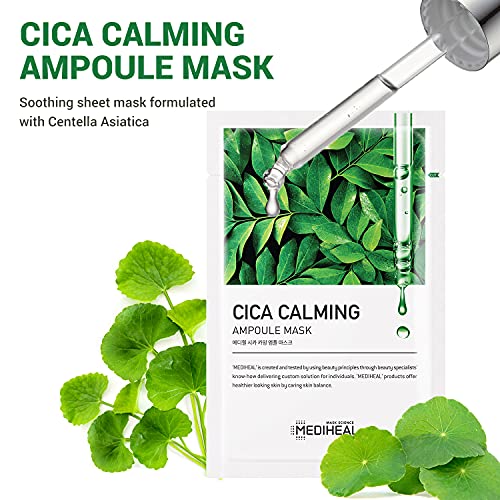 Mediheal Cica Calming Ampoule Mask 10Pack - Soothing Facial Mask Sheet with Centella Asiatica Extract, Soothe Irritated Skin and Smoothen Texture, Ultra Adhesion Tencel Sheet