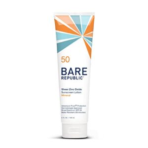 bare republic sport mineral sunscreen spf 50 sunblock body lotion, free of chemical actives, vanilla coco scent, 5 fl oz.