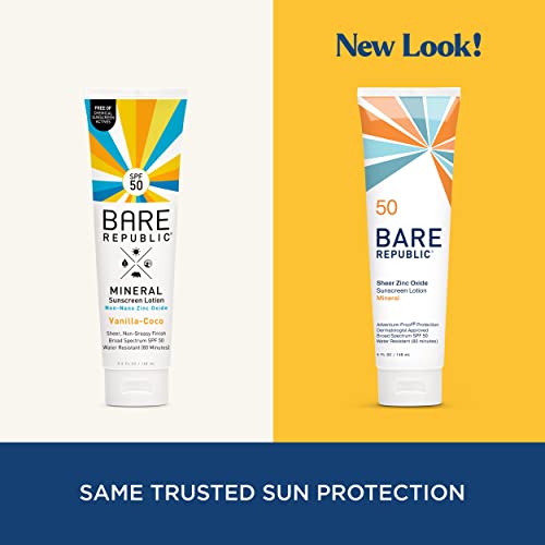 Bare Republic Sport Mineral Sunscreen SPF 50 Sunblock Body Lotion, Free of Chemical Actives, Vanilla Coco Scent, 5 Fl Oz.