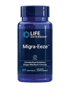 life extension migra-eeze – butterbur root extract with vitamin b2 (riboflavin) & ginger supplement – formula to ease head discomfort – gluten-free — 60 softgels