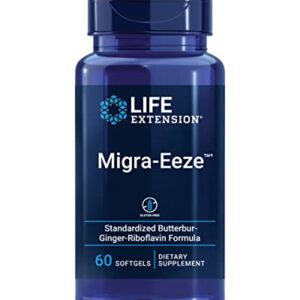 Life Extension Migra-Eeze - Butterbur Root Extract with Vitamin B2 (Riboflavin) & Ginger Supplement - Formula to Ease Head Discomfort - Gluten-Free — 60 Softgels