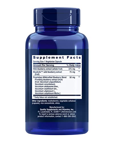 Life Extension Blueberry Extract Capsules - Whole Fruit Wild Blueberry Extract Supplement Pills- For Brain Health Support - Non-GMO, Gluten-Free ,Vegetarian - 60 Capsules