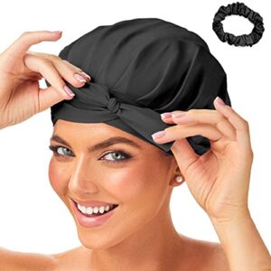 silk bonnet – 100% mulberry silk sleep cap breathable & adjustable sleeping caps silk hair wrap women night cap for curly hair with elastic tie band silk satin turban (black)