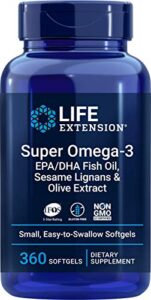 life extension super omega-3 360 softgels, easy to swallow, epa/dha omega3 fish oil, sesame lignans & olive extract