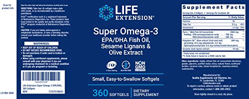 Life Extension Super Omega-3 360 Softgels, Easy to Swallow, EPA/DHA Omega3 Fish Oil, Sesame Lignans & Olive Extract