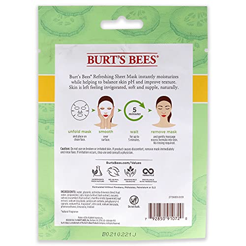 Burts Bees Refreshing Sheet Mask - Cucumber Unisex 1 Pc, (60192)