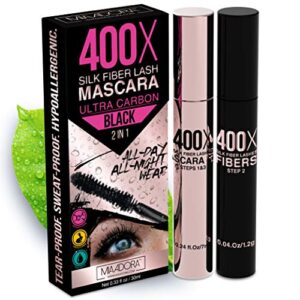 400x pure silk fiber lash mascara [ultra black volume and length], longer & thicker eyelashes, waterproof, long lasting, instant & very easy to apply, smudge-proof, hypoallergenic, cruelty & paraben free (mia adora)