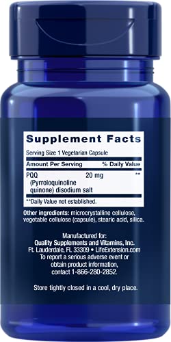 Life Extension PQQ (Pyrroloquinoline Quinone) 20mg Promotes The Growth of New Cellular Mitochondria - Gluten-Free, Once-Daily, Non-GMO, Vegetarian - 30 Vegetarian Capsules