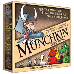 munchkin deluxe board game (base game), family board & card game, adults, kids, & fantasy roleplaying game, ages 10+, 3-6 players, avg play time 120 min, from steve jackson games