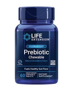 life extension florassist prebiotic chewable (strawberry) – microbiome prebiotics supplement for intestinal, colon & digestive health – non-gmo, gluten-free, vegetarian – 60 chewable tablets