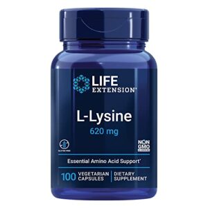 life extension l-lysine 620 mg – for healthy nitrogen balance, stress response & calcuim metabolism – for active lifestyle – gluten-free, non-gmo – 100 vegetarian capsules