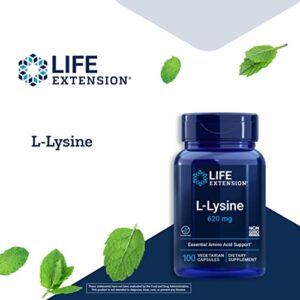 Life Extension L-Lysine 620 mg - For Healthy Nitrogen Balance, Stress Response & Calcuim Metabolism – For Active Lifestyle - Gluten-Free, Non-GMO - 100 Vegetarian Capsules