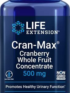 Life Extension Cran-Max 500mg Cranberry Whole Fruit Concentrate Promotes a Healthy Urinary Tract - Powerful Antioxidant - Gluten-Free, Vegetarian, Non-GMO – 60 Vegetarian Capsules