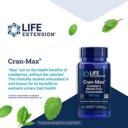 Life Extension Cran-Max 500mg Cranberry Whole Fruit Concentrate Promotes a Healthy Urinary Tract - Powerful Antioxidant - Gluten-Free, Vegetarian, Non-GMO – 60 Vegetarian Capsules