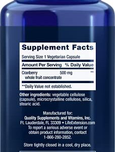 Life Extension Cran-Max 500mg Cranberry Whole Fruit Concentrate Promotes a Healthy Urinary Tract - Powerful Antioxidant - Gluten-Free, Vegetarian, Non-GMO – 60 Vegetarian Capsules