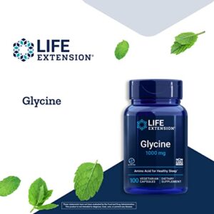 Life Extension Glycine 1000 mg – Promotes Relaxation, Healthy Sleep, Glucose + Fructose Metabolism – Gluten-Free, Non-GMO, Vegetarian – 100 Vegetarian Capsules