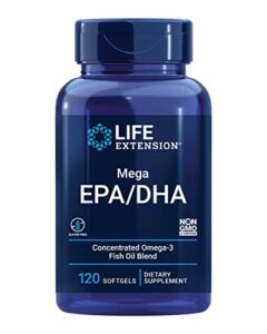 life extension mega epa/dha – high concentrated 2000mg omega 3 fatty acid fish oil blend supplements – for heart, brain & joint health support – gluten-free, non-gmo – 120 softgels