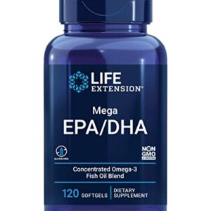 Life Extension Mega EPA/DHA – High Concentrated 2000mg Omega 3 Fatty Acid Fish Oil Blend Supplements - for Heart, Brain & Joint Health Support – Gluten-Free, Non-GMO – 120 Softgels