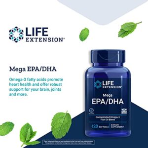 Life Extension Mega EPA/DHA – High Concentrated 2000mg Omega 3 Fatty Acid Fish Oil Blend Supplements - for Heart, Brain & Joint Health Support – Gluten-Free, Non-GMO – 120 Softgels