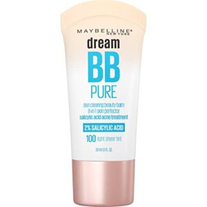 maybelline dream pure skin clearing bb cream, 8-in-1 skin perfecting beauty balm with 2% salicylic acid, sheer tint coverage, oil-free, light, 1 count