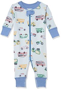 moon and back by hanna andersson unisex toddlers’ one-piece organic cotton footless pajamas, light blue, cars/trucks/bikes, 3t