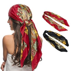 2 pcs womens satin scarf large square silk feeling head hair scarves wraps for sleeping 35 x 35 inches,black&wine red