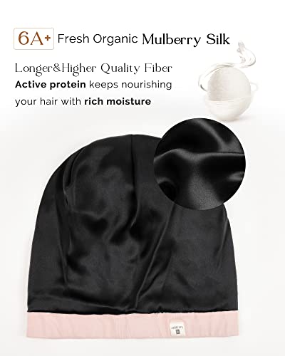 YANIBEST 100% Mulberry Silk Lined Sleep Cap Silk Bonnet for Sleeping - Pink Hair Cover Bonnet for Natural Hair Adjustable Slouchy Beanie Hat