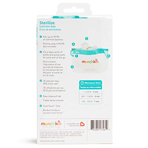 Munchkin® Sterilize™ Microwave Bottle Sterilizer Bags, Eliminates up to 99.9% of Common Bacteria, 30 Uses per Bag, 6 Pack