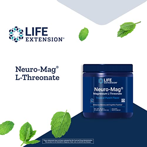 Life Extension Neuro-Mag Magnesium L-Threonate Powder (Tropical Punch) - Ultra-Absorbable Magnesium - Supports Memory, Focus, Cognitive Function & Mood - Gluten free, Non-GMO, Vegetarian (30 Servings)