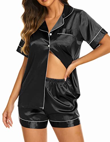 Ekouaer Women's Silk Satin Pajama Set Button Down Sleepwear with Shorts Set 2 Piece Lounge Set (Black,M)