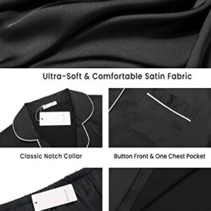 Ekouaer Women's Silk Satin Pajama Set Button Down Sleepwear with Shorts Set 2 Piece Lounge Set (Black,M)