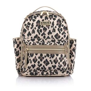 itzy ritzy chic mini diaper bag backpack made of printed polyester with vegan leather changing pad, 8 total pockets (4 internal + 4 external), handle & rubber feet, leopard
