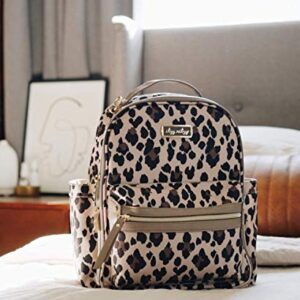 Itzy Ritzy Chic Mini Diaper Bag Backpack Made of Printed Polyester with Vegan Leather Changing Pad, 8 Total Pockets (4 Internal + 4 External), Handle & Rubber Feet, Leopard