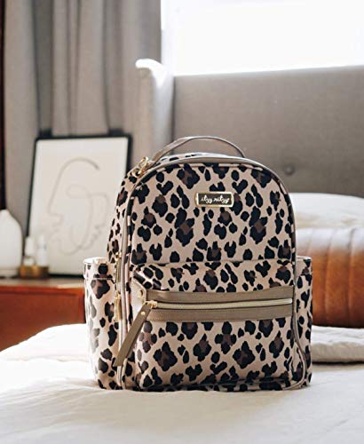 Itzy Ritzy Chic Mini Diaper Bag Backpack Made of Printed Polyester with Vegan Leather Changing Pad, 8 Total Pockets (4 Internal + 4 External), Handle & Rubber Feet, Leopard