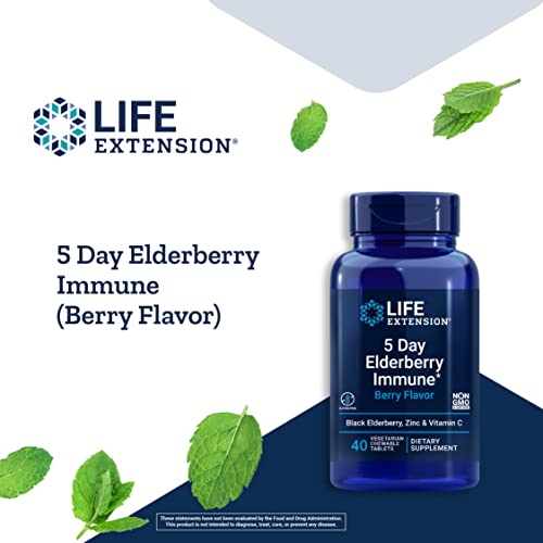 Life Extension 5 Day Elderberry Immune (Berry Flavor) Immune System Support - Gluten-Free, Non-GMO - 40 Vegetarian Chewable Tablets