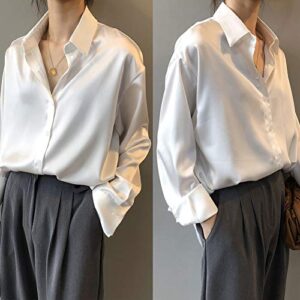 Pantete Womens Satin Silk Button Down Shirt Long Sleeve Casual Office Blouse Top Breathable & Silky White